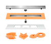 All-in-one Linear Waterproof Shower Drain Kit - Center Outlet Channel Body with Grate Assembly, Solid and Square Design, Standard Finishes