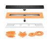 All-in-one Linear Waterproof Shower Drain Kit - Center Outlet Channel Body with Grate Assembly, Solid and Square Design, Standard Finishes