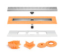 All-in-one Linear Waterproof Shower Drain Kit - Center Outlet Channel Body with Grate Assembly, Solid and Square Design, Standard Finishes