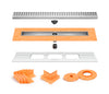 All-in-one Linear Waterproof Shower Drain Kit - Center Outlet Channel Body with Grate Assembly, Solid and Square Design, Standard Finishes