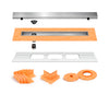 All-in-one Linear Waterproof Shower Drain Kit - Offset Outlet Channel Body with Grate Assembly, Solid and Square Design, Standard Finishes