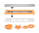 All-in-one Linear Waterproof Shower Drain Kit - Off-set Outlet Channel Body with Grate Assembly,Solid and Square Design, Standard Finishes