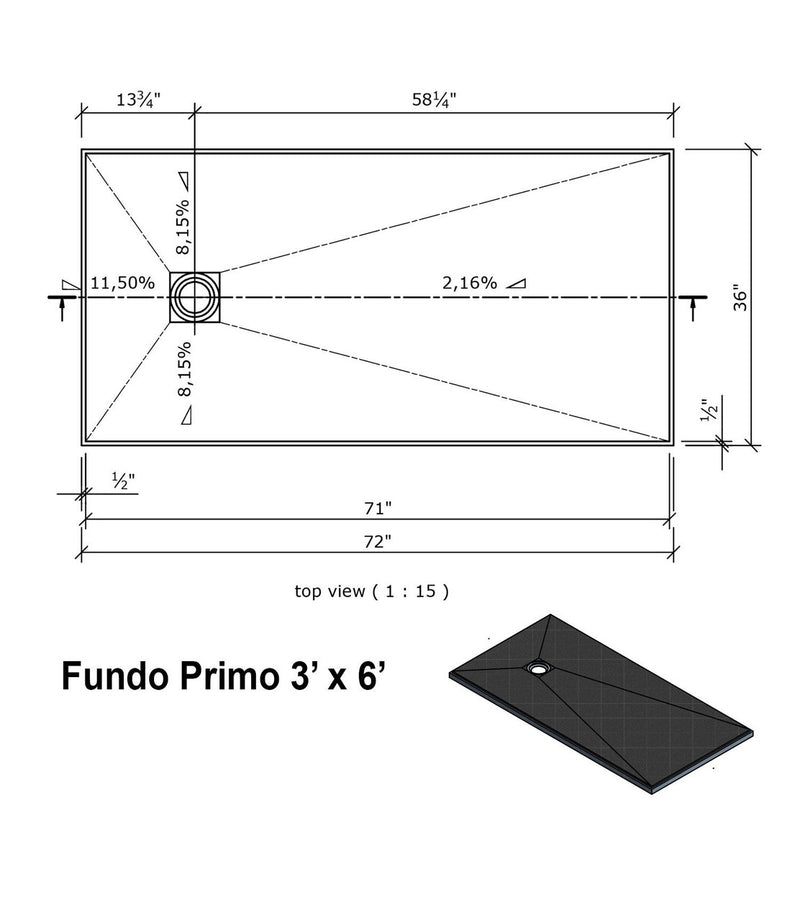 Wedi US2000008 Fundo Primo 36 In x 72 In Shower Kit, Waterproof Board Installation System with Offset Square Drain Grate Assembly, Prefabricated Sloped Shower Base (Shower Tray) and Lean Shower Curb