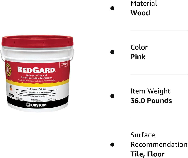 Custom BLDG Products RedGard Anti-Fracture, Quick Dry, Waterproofing and Crack Prevention Liquid Rubber Membrane LQWAF1-2, 1-Gallon (128 Fl Oz), Adhesive for Indoor and Outdoor Use