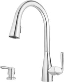 Pfister Lima Polished Chrome Kitchen Faucet with Pull Down Sprayer and Soap Dispenser, High Arc Kitchen Sink Faucet with Pull Out Spray Head, Transitional Home Décor, Single Handle Kitchen Faucets, Optional Deckplate INCLUDED, 1 to 4-hole
