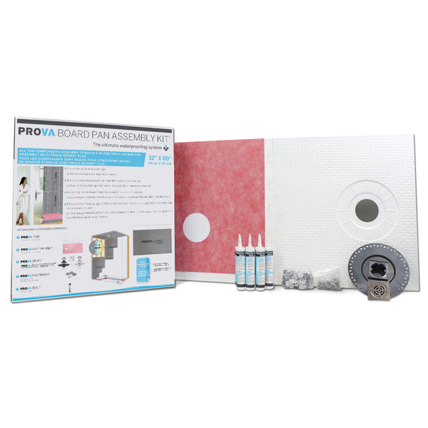 Prova 32" x 60" Shower Pan (Shower Tray) Waterproofing Board Assembly Kit with Drain, Prefabricated Tile Shower Base for Bathroom Renovation, Walk-In Showers, Easy Installation