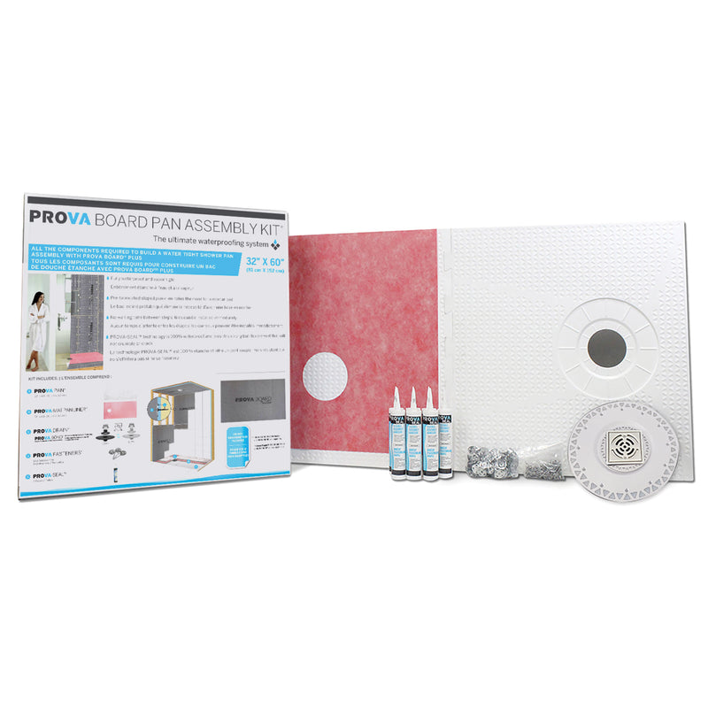 Prova 48" x 48" Shower Pan (Shower Tray) Waterproofing Board Assembly Kit with ABS Drain, Prefabricated Tile Shower Base for Bathroom Renovation, Walk-In Showers, Easy Installation