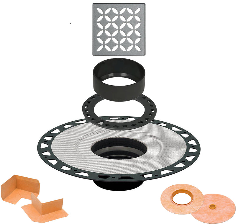 All-in-one Shower Drain Kit with 2" ABS or PVC Bonding Flange, 4" Grate Assembly