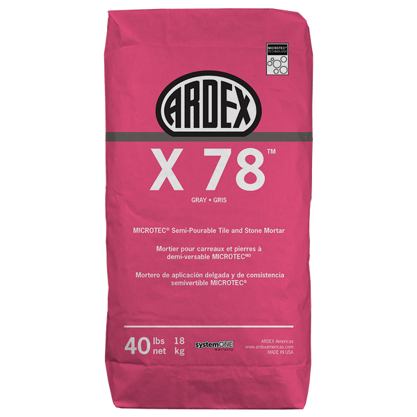 Ardex X 78 Microtec Fiber Reinforced, Semi-Pourable, Polymer Modified Mortar, Flooring Underlayment for Tile and Stone, 40 Lbs Bag, Gray