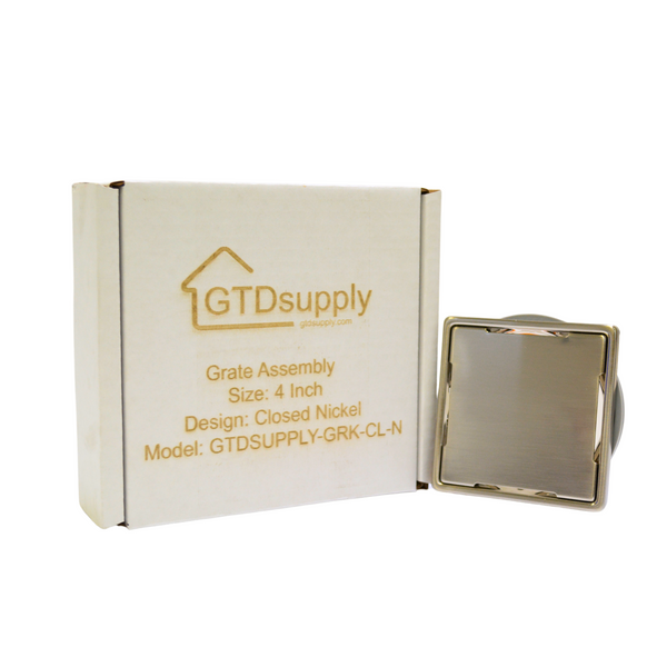 GTDsupply 4 Inch Square Shower Drain Cover – Grate Assembly for Bathroom Tile Floor, Rust-Resistant Replacement Drain Plate, Closed Nickel Design (GTDSUPPLY-GRK-CL-N)