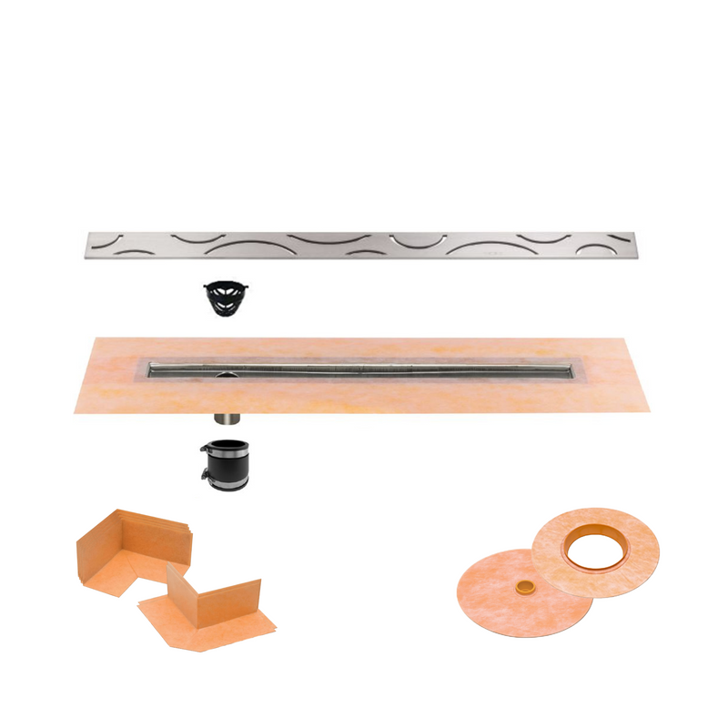 All-in-one Linear Waterproof Shower Drain Kit - Channel Body with Stainless Steel Drain Grate Assembly (Cover) - Curve, Floral, Pure Design