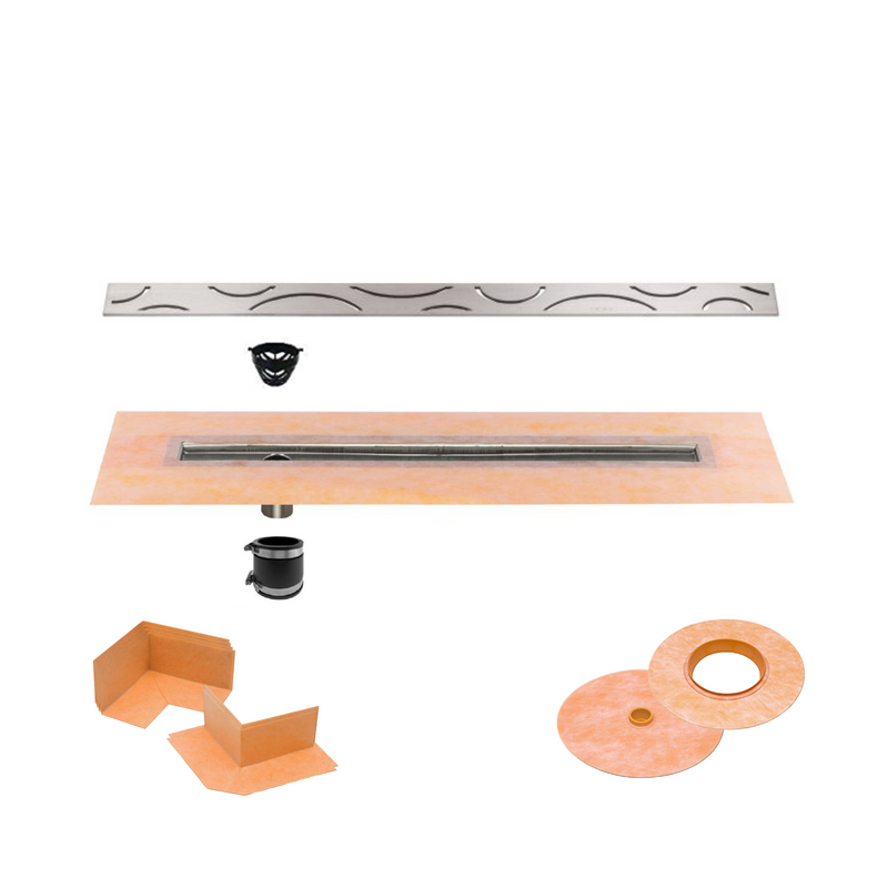 All-in-one Linear Waterproof Shower Drain Kit - Offset Outlet Channel Body with Grate Assembly