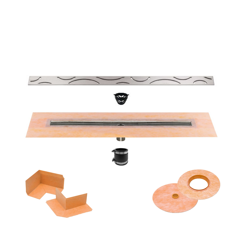 All-in-one Linear Waterproof Shower Drain Kit - Channel Body with Stainless Steel Drain Grate Assembly (Cover) - Curve, Floral, Pure Design