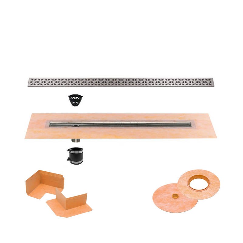 All-in-one Linear Waterproof Shower Drain Kit - Channel Body with Stainless Steel Drain Grate Assembly (Cover) - Curve, Floral, Pure Design