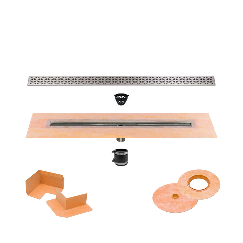 All-in-one Linear Waterproof Shower Drain Kit - Channel Body with Stainless Steel Drain Grate Assembly (Cover) - Curve, Floral, Pure Design