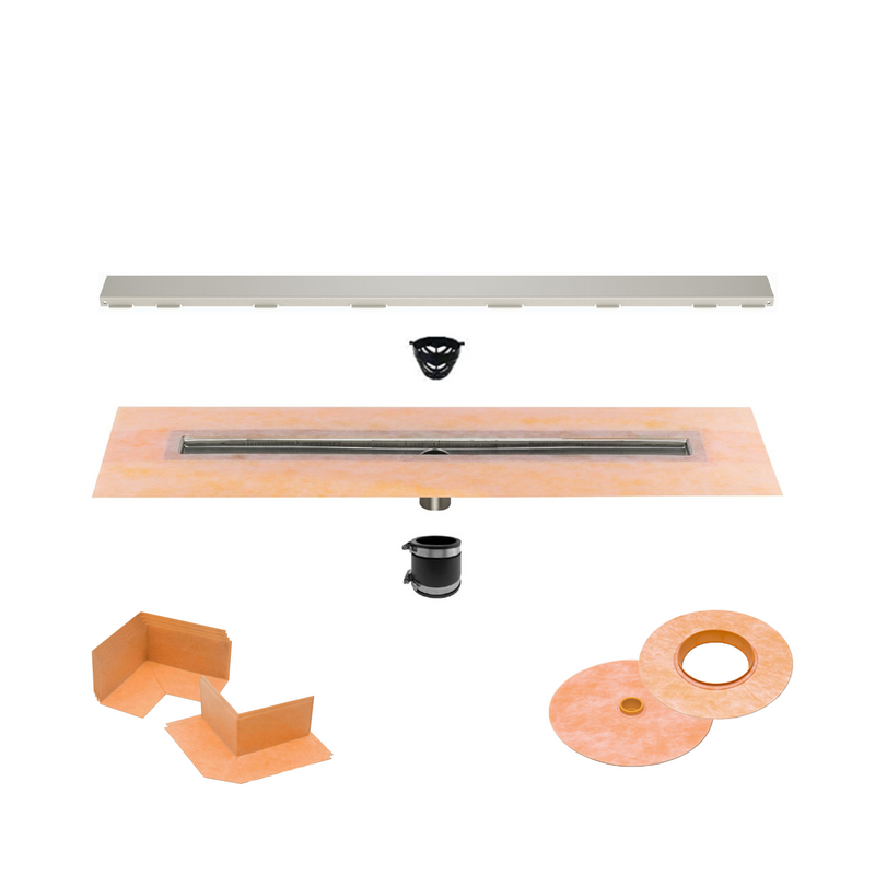 All-in-one Linear Waterproof Shower Drain Kit - Center Outlet Channel Body with Grate Assembly, Solid Design, Greige, Cream, Dark Antracite, Pewter, Ivory, Bronze, or Stone Grey Finish