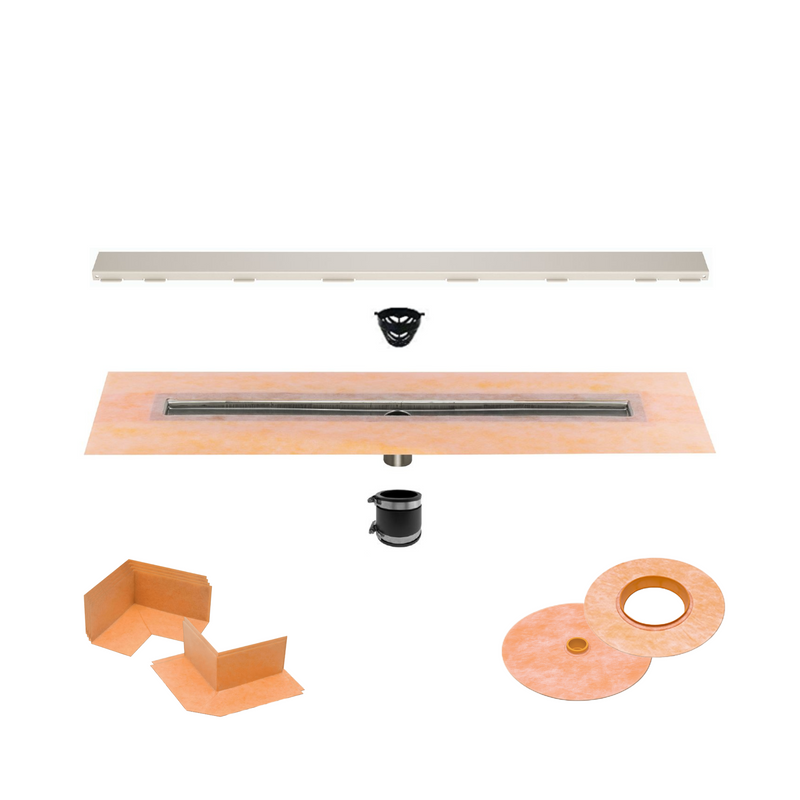 All-in-one Linear Waterproof Shower Drain Kit - Center Outlet Channel Body with Grate Assembly, Solid Design, Greige, Cream, Dark Antracite, Pewter, Ivory, Bronze, or Stone Grey Finish