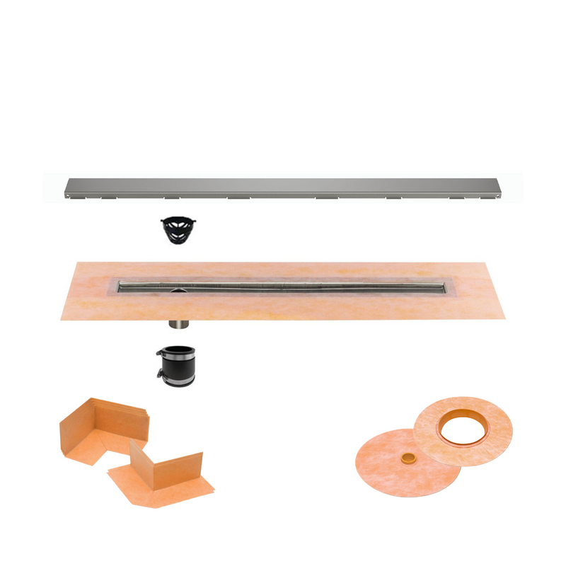 All-in-one Linear Waterproof Shower Drain Kit - Off-set Outlet Channel Body with Grate Assembly, Solid Design, Greige, Cream, Dark Antracite, Pewter, Ivory, Bronze, or Stone Grey Finish