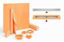 All-in-one Waterproof Linear Shower Kit with 55"x55" Center Tray, Off-set Drain, and Grate