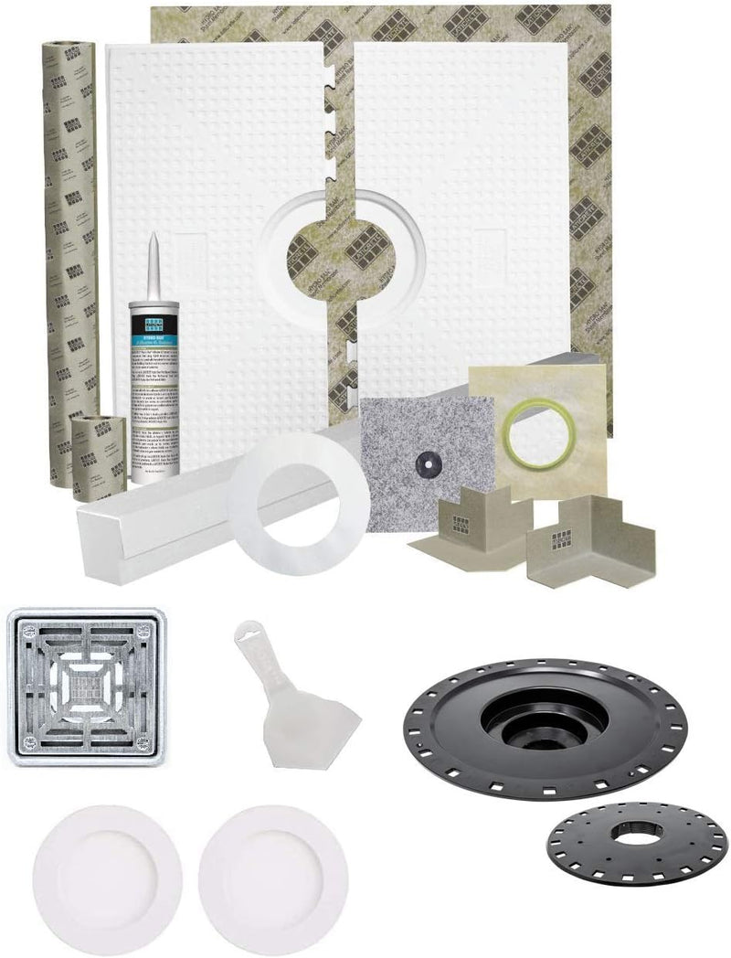 Laticrete HYDRO BAN 9243-3260-OCDK Waterproofing Offset Shower Kit 32 inch x 60 inch with 4 inch Grate, 2 inch Bonding Flange, Putty Knife, and Recessed Light