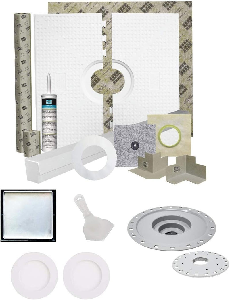 Laticrete HYDRO BAN 9243-3260-OCDK Waterproofing Offset Shower Kit 32 inch x 60 inch with 4 inch Grate, 2 inch Bonding Flange, Putty Knife, and Recessed Light