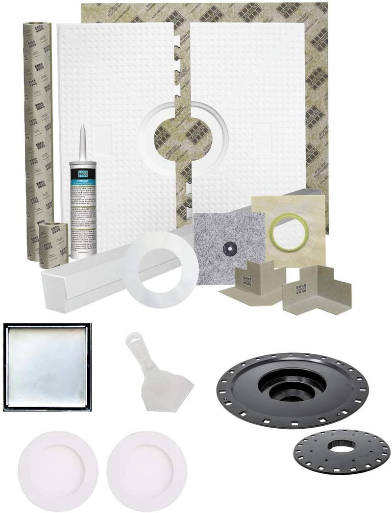 Laticrete HYDRO BAN 9243-4848-CDK Waterproofing Shower Kit 48 inch x 48 inch with 4 inch Grate, 2 inch Bonding Flange, Putty Knife, and Recessed Light