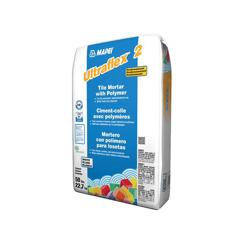 Mapei Ultraflex 2 Professional-Grade, Single Component, Polymer Modified, Thin-Set Mortar, White, 50lbs Bag, for Indoor and Outdoor Installation of Large-Format Tile & Heavy Stone on Walls and Floors