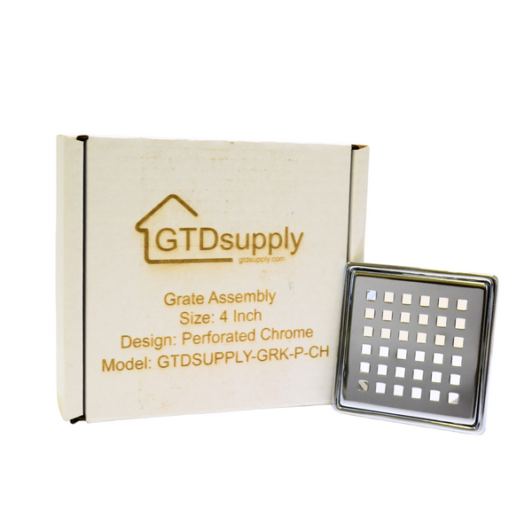 GTDsupply 4 Inch Square Shower Drain Cover – Grate Assembly for Bathroom Tile Floor, Rust-Resistant Replacement Drain Plate, Perforated Chrome Design (GTDSUPPLY-GRK-P-CH)