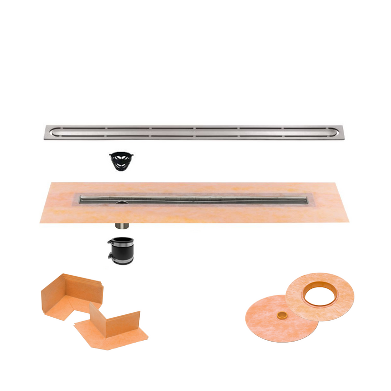 All-in-one Linear Waterproof Shower Drain Kit - Offset Outlet Channel Body with Grate Assembly