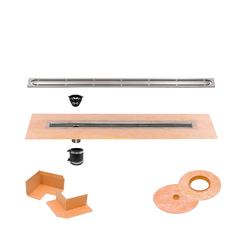 All-in-one Linear Waterproof Shower Drain Kit - Channel Body with Stainless Steel Drain Grate Assembly (Cover) - Curve, Floral, Pure Design
