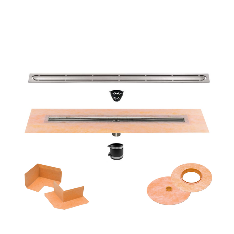 All-in-one Linear Waterproof Shower Drain Kit - Channel Body with Stainless Steel Drain Grate Assembly (Cover) - Curve, Floral, Pure Design