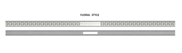 Schluter Systems Kerdi-Line VARIO Low-profile 96”(244 cm) Linear Floral Design Grate Assembly, 1-11/16” Wide with Flange Channel Body in Brushed Stainless Steel Design, for Tiled Showers (KLVRID5EB244)