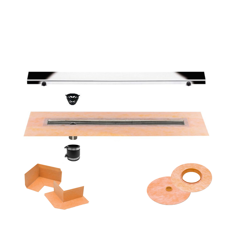 All-in-one Linear Waterproof Shower Drain Kit - Off-set Outlet Channel Body with Grate Assembly,Solid and Square Design, Standard Finishes