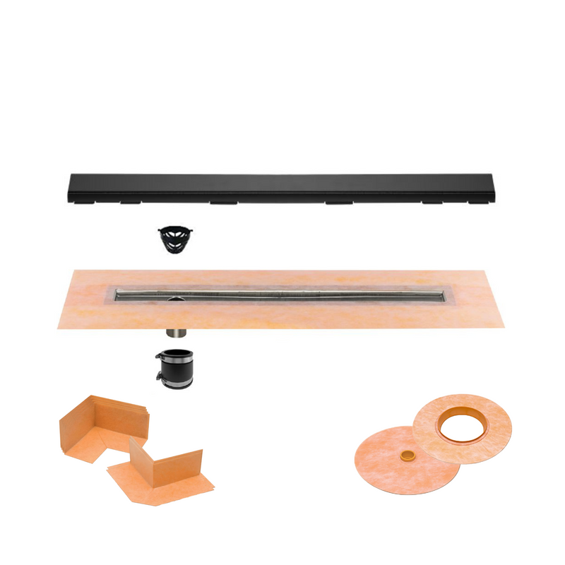 All-in-one Linear Waterproof Shower Drain Kit - Off-set Outlet Channel Body with Grate Assembly,Solid and Square Design, Standard Finishes