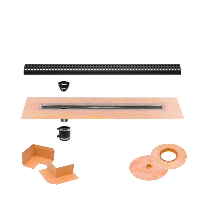 All-in-one Linear Waterproof Shower Drain Kit - Off-set Outlet Channel Body with Grate Assembly,Solid and Square Design, Standard Finishes