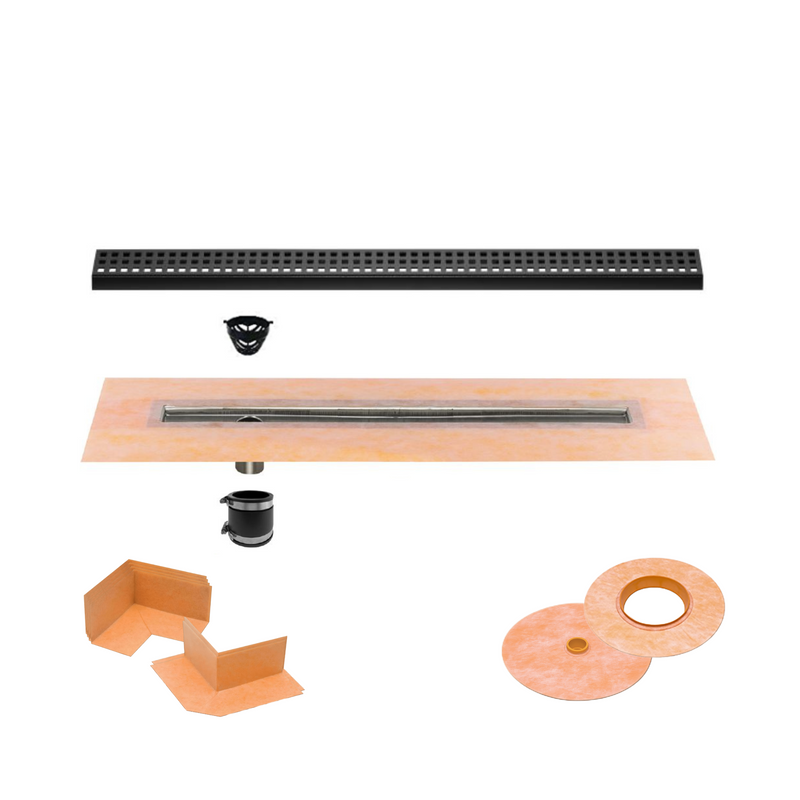 All-in-one Linear Waterproof Shower Drain Kit - Offset Outlet Channel Body with Grate Assembly