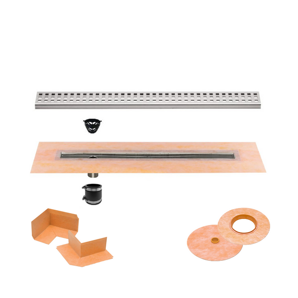 All-in-one Linear Waterproof Shower Drain Kit - Off-set Outlet Channel Body with Grate Assembly,Solid and Square Design, Standard Finishes