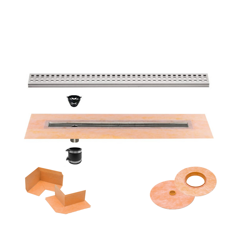 All-in-one Linear Waterproof Shower Drain Kit - Offset Outlet Channel Body with Grate Assembly