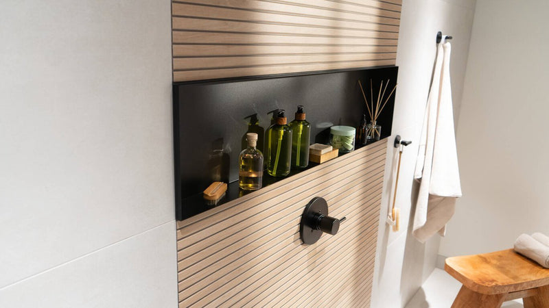 Schluter Systems Design Prefabricated Vapor-resistant Lightweight Waterproof Shower Niche - Made of Powder-Coated Aluminum for Tiled Walls - 11-3/4" Width, 47-3/16" Height, 3-5/8" Depth, Dark Anthracite - DNA3TSDA