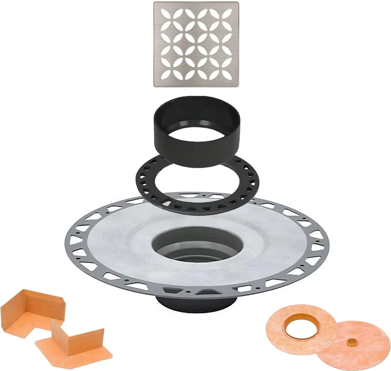 All-in-one Shower Drain Kit with 2" ABS or PVC Bonding Flange, 4" Grate Assembly