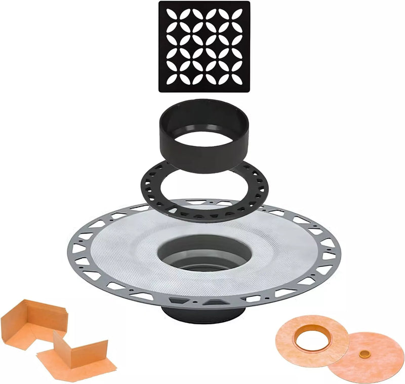 All-in-one Shower Drain Kit with 2" ABS or PVC Bonding Flange, 4" Grate Assembly