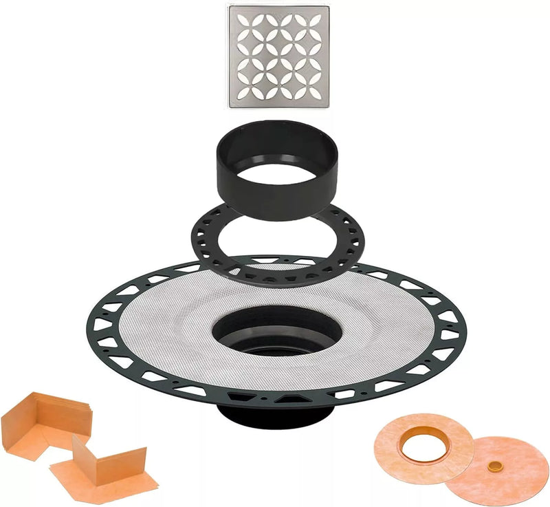 All-in-one Shower Drain Kit with 2" ABS or PVC Bonding Flange, 4" Grate Assembly