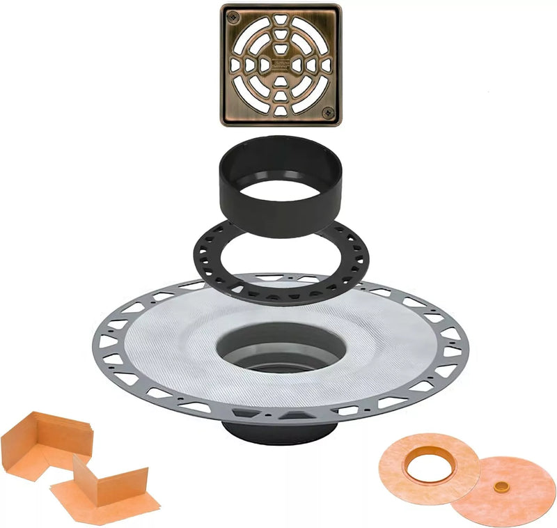 All-in-one Shower Drain Kit with 2" ABS or PVC Bonding Flange, 4" Grate Assembly