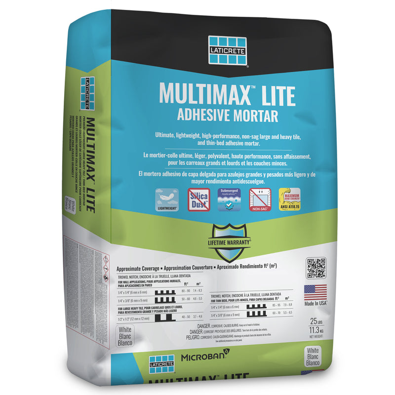 Laticrete Multimax Lite One-Step Polymer Fortified Large and Heavy Tile Mortar, 25 Lbs Bag for Interior and Exterior Ceramic Tile Installations