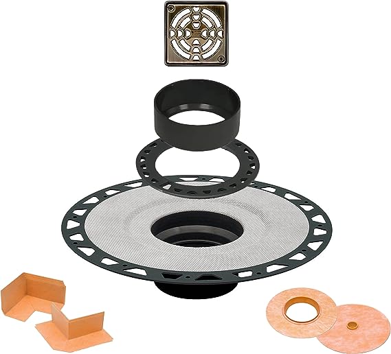 Schluter Systems Kerdi Shower Kit: 38x60 Offset Shower Pan (Tray), 2 inch ABS flange and 4 Inch Shower Drain Cover in Pure Design with Brushed Stainless Steel Finish (KDIF4GRKEBD8 Grate)