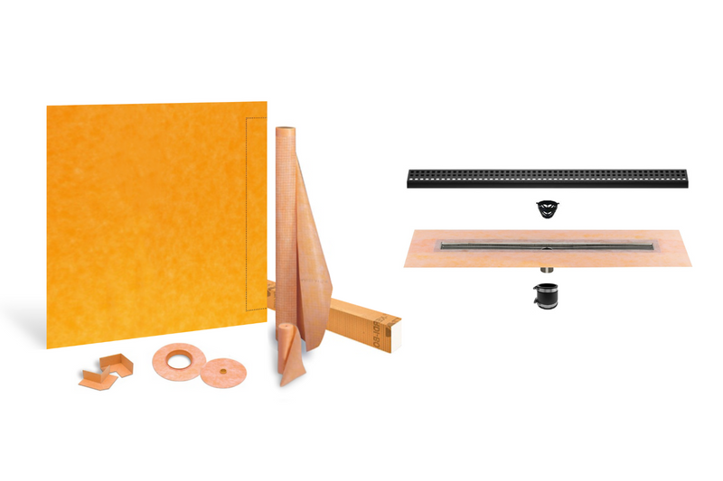 Schluter Systems Kerdi Linear Shower Kit: 48x48 Off-set Shower Pan (Tray), Center Outlet Channel Body Drain and Drain Cover